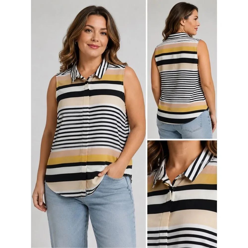 Dressbarn Womens 3X Sleeveless Striped Button Front Collared Blouse Plus Size